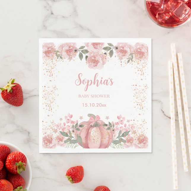 Floral Pink Pumpkin Girl Baby Shower Paper Napkin (Insitu)