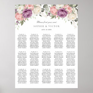 Floral Pink Purple 15 Tables Wedding Seating Chart