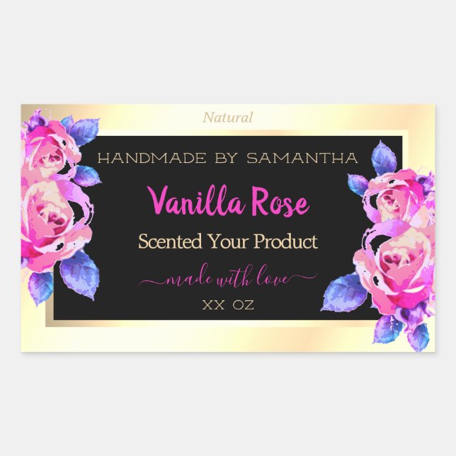 Floral Pink Purple Black and Gold Product Labels (Front)