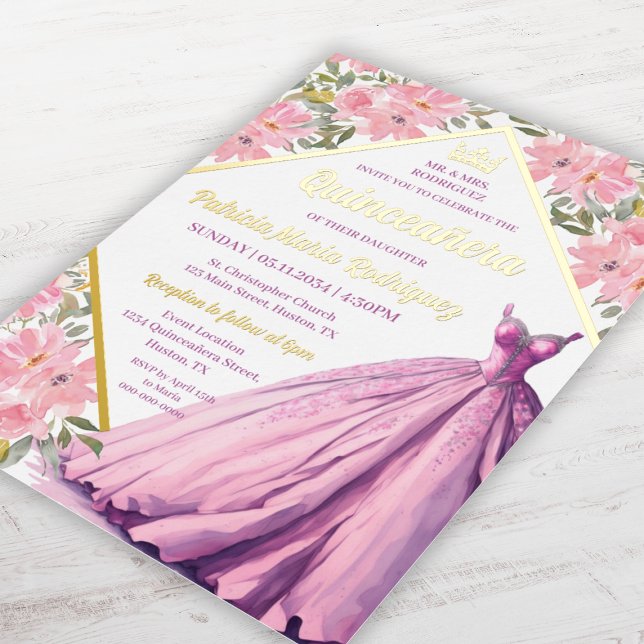 Floral Pink Purple Dress Elegant Quinceanera Gold (Floral Pink Purple Dress Elegant Quinceanera Gold Foil Invitation
)