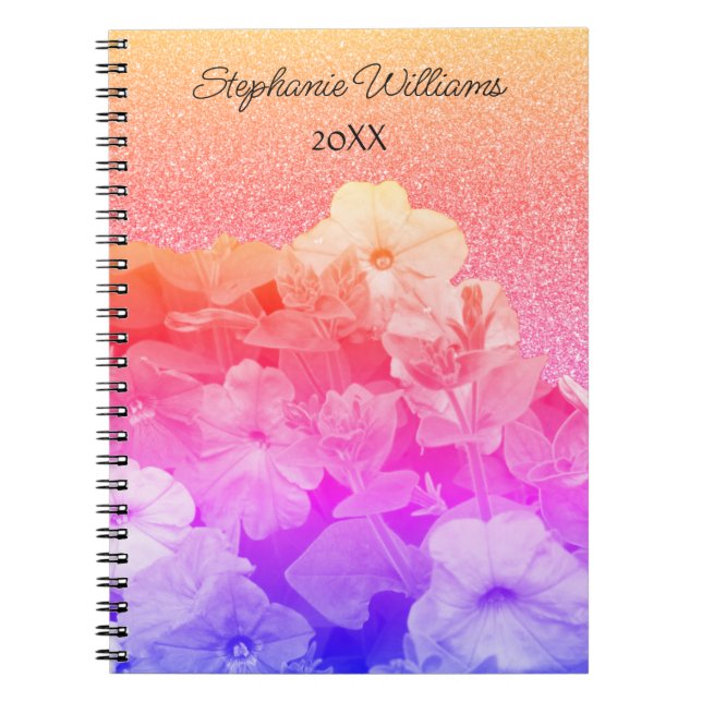 Floral Pink Purple Glittery Custom Name Ombre Cute Notebook (Front)