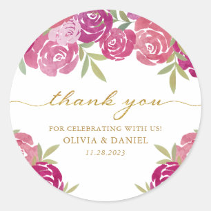 Floral Pink & Purple Watercolor Roses Thank You Classic Round Sticker