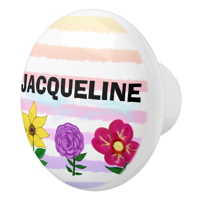 Floral Pink Purple Watercolor Stripes NAME Ceramic Knob (Right)