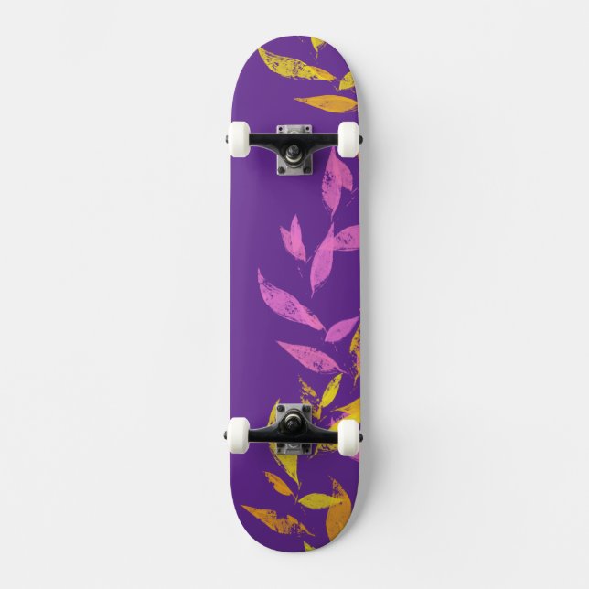Floral Pink Purple Yellow Autumn Leaf  Skateboard (Front)