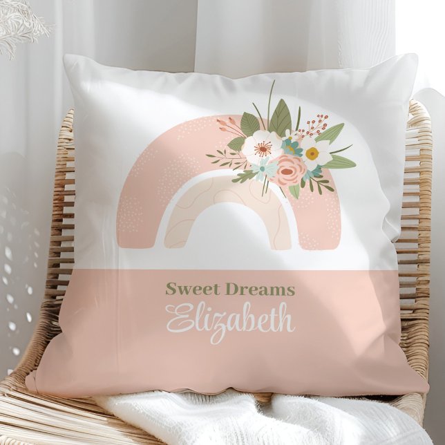 Floral Pink Rainbow Custom Name Pillow (Floral Pink Rainbow Custom Name Pillow on a sunny rattan chair.)