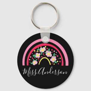 Floral Pink Rainbow Personalised Teacher Gift Key Key Ring