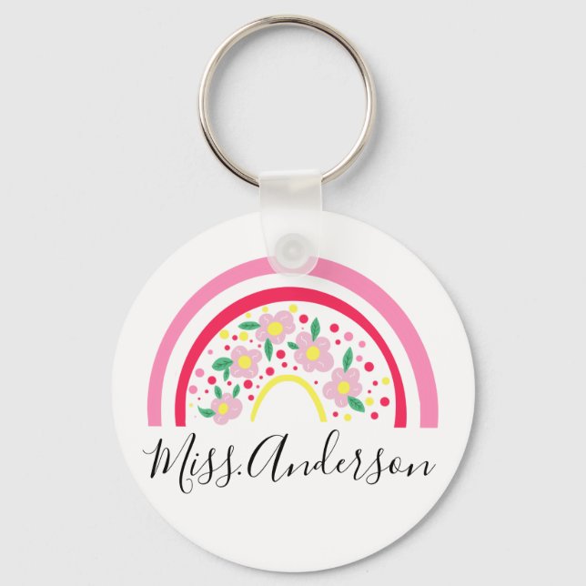 Floral Pink Rainbow Personalised Teacher Gift  Key Ring (Front)