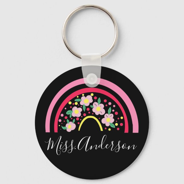 Floral Pink Rainbow Personalised Teacher Gift  Key Ring (Front)