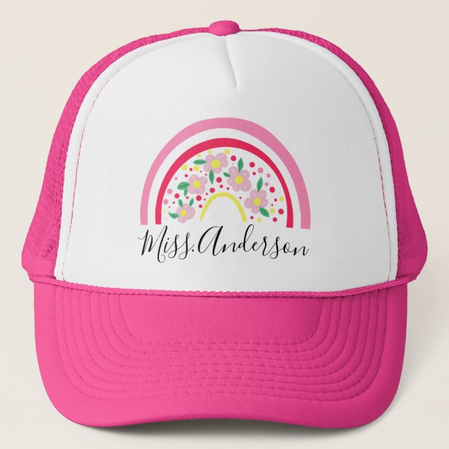 Floral Pink Rainbow Personalised Teacher Gift  Trucker Hat (Front)