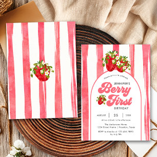 Floral Pink Red Strawberry Berry First Birthday Invitation