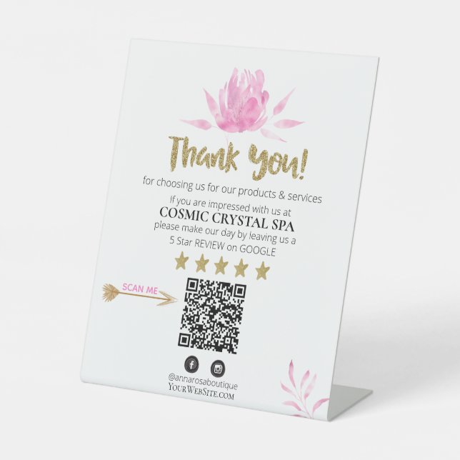 *~* FLORAL PINK Review Logo THANK YOU QR AP8 Pedestal Sign (Front)