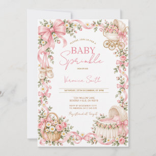 Floral Pink Ribbon Baby Sprinkle Invitation