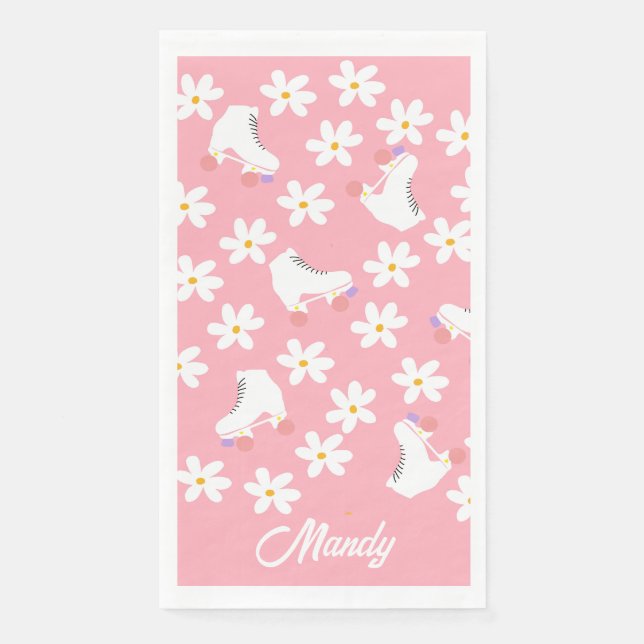 Floral Pink Roller Skates Roller Skating Birthday  Napkin (Front)