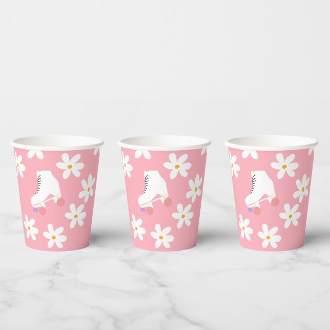 Floral Pink Roller Skates Roller Skating Birthday Paper Cups (Multi)