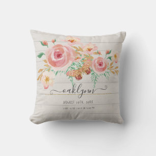 Floral Pink Rose Baby Girl Birth Stats White Wood Cushion