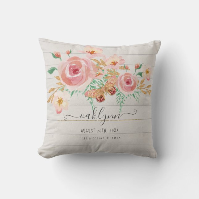 Floral Pink Rose Baby Girl Birth Stats White Wood Cushion (Front)