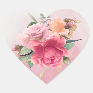 Floral Pink Rose Bouquet Heart Sticker