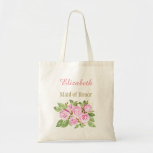 Floral Pink Rose Bridal Bridesmaid with Name Tote Bag