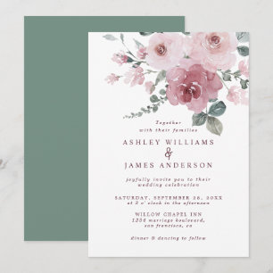 Floral Pink Rose Burgundy Dusty Green Wedding Invitation