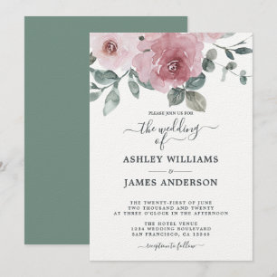 Floral Pink Rose Dusty Green Wedding Invitation