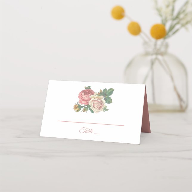 Floral Pink Rose Flower Wedding, Engagement Party Place Card (Front)
