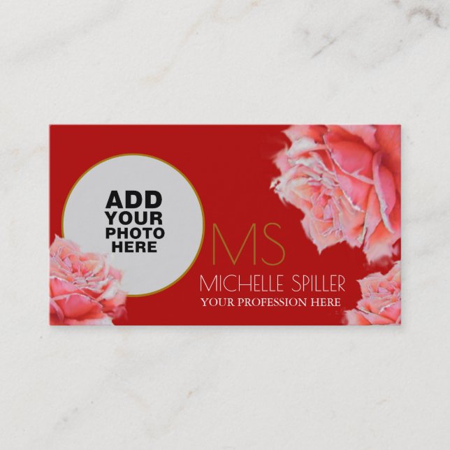 floral pink rose for elegant women, photo red business card (Front)