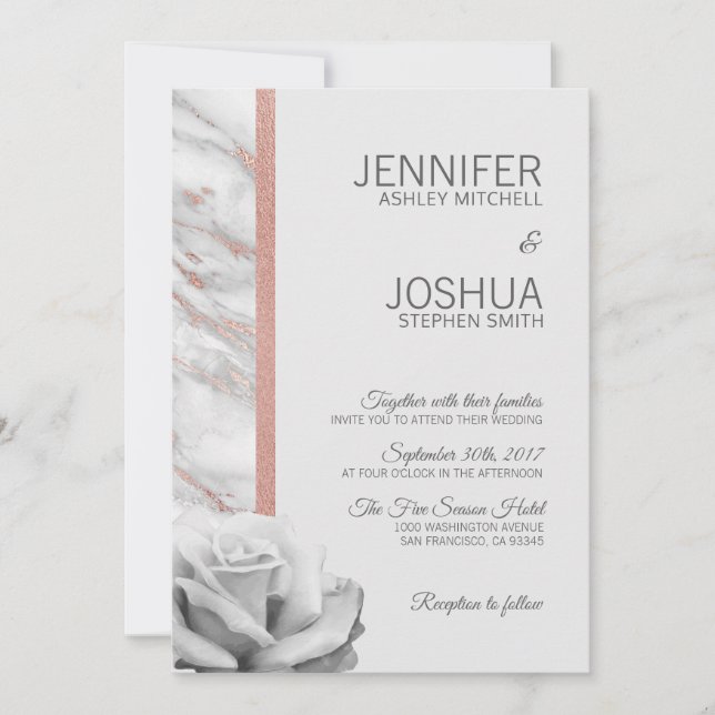 Floral Pink Rose Gold Foil Marble Grey Wedding Invitation (Front)