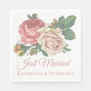 Floral Pink Rose Just Married Floral Wedding Napkin