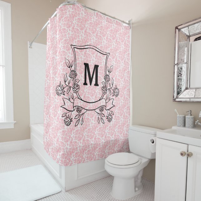 Floral Pink Rose Pattern Monogram Shower Curtain (In Situ)