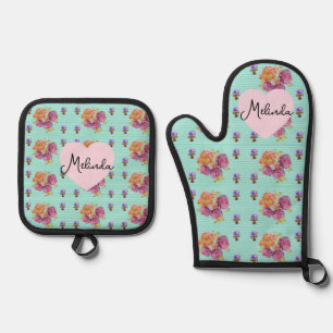Floral Pink Rose Roses Pattern Aqua Womans Name Oven Mitt & Pot Holder Set