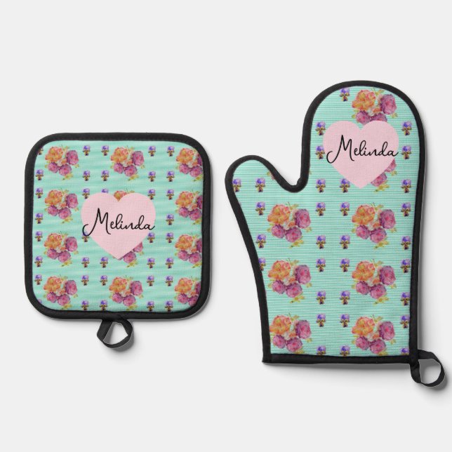 Floral Pink Rose Roses Pattern Aqua Womans Name Oven Mitt & Pot Holder Set (Front)