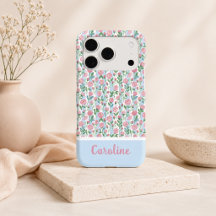 Floral Pink Rosebud Blue Stripe Name Feminine