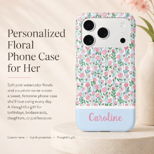 Floral Pink Rosebud Blue Stripe Name Feminine