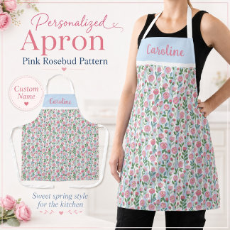 Floral Pink Rosebud Blue Stripe Name for Her Apron