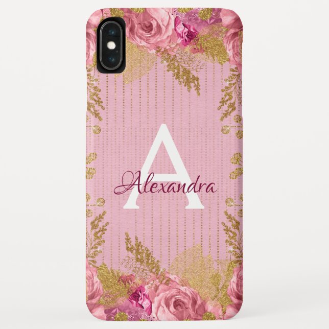 Floral Pink Roses and Gold Foil Monogram Case-Mate iPhone Case (Back)