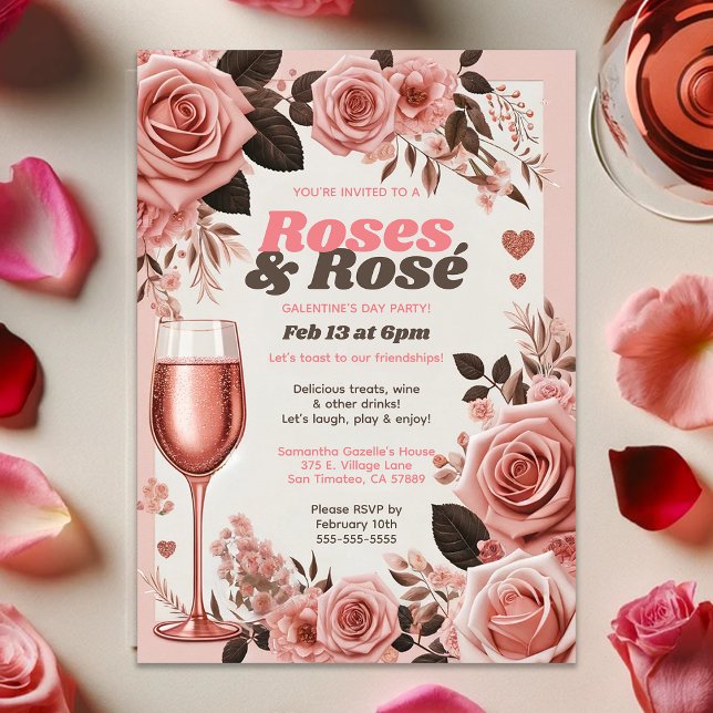 Floral Pink Roses and Rosè Galantine’s Day Party Invitation (Creator Uploaded)