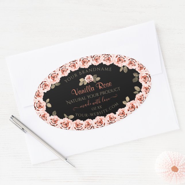 Floral Pink Roses Black Product Packaging Labels (Envelope)