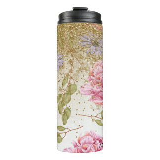 *~* Floral Pink Roses Blue Daisy Gold Glitter Thermal Tumbler