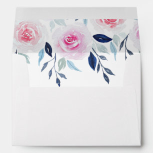 Floral Pink Roses Blue Leaves Watercolor Wedding Envelope