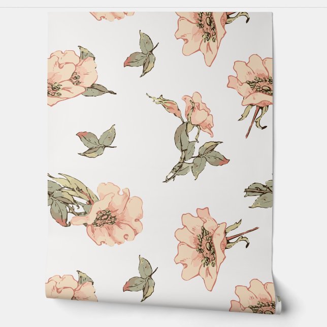 Floral Pink Roses Botanical  Wallpaper (Unrolling)