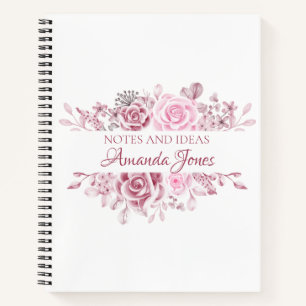 Floral Pink Roses Custom Name  Notebook