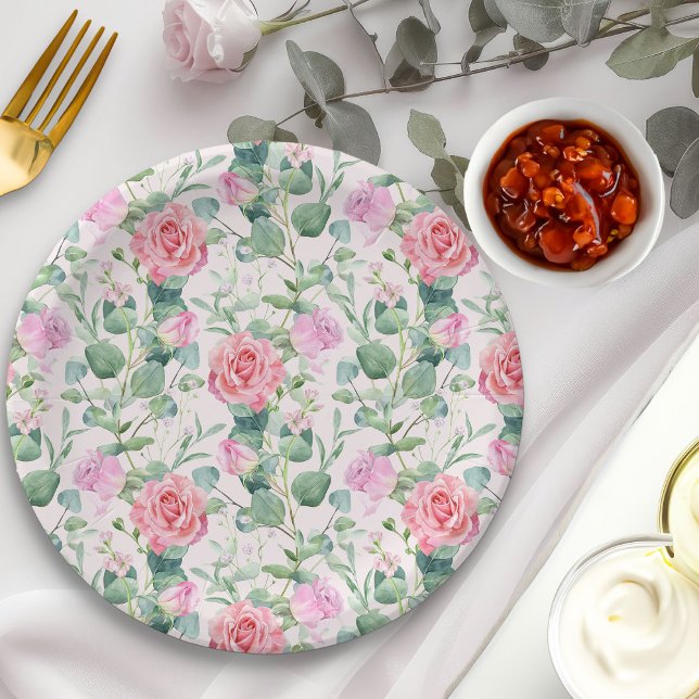 Floral Pink Roses Elegant Tea Party Paper Plate (Floral rose garden paper plates from my Vintage Tea Party Baby Shower Collection)