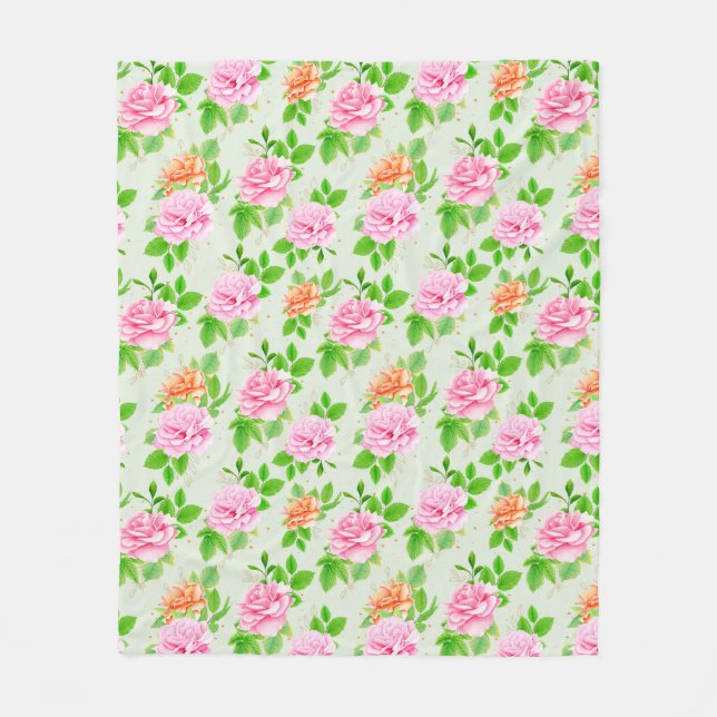 Floral Pink Roses Pattern Fleece Blanket (Front)