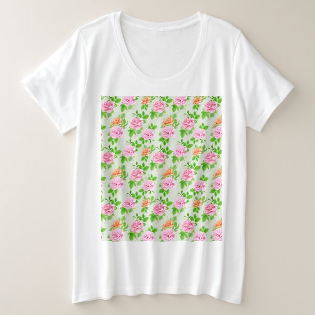 Floral Pink Roses Pattern Plus Size T-Shirt (Design Front)