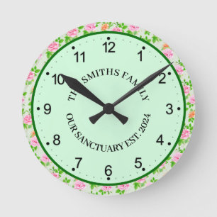 Floral Pink Roses Pattern Round Clock