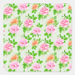 Floral Pink Roses Pattern Square Sticker