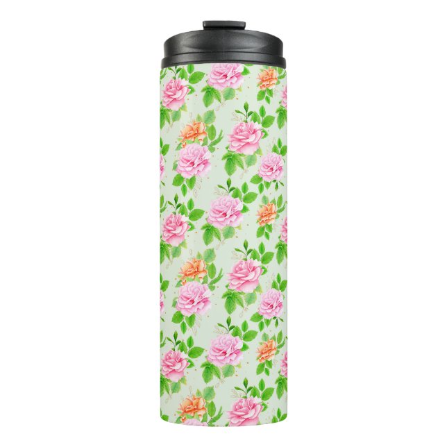 Floral Pink Roses Pattern Thermal Tumbler (Front)