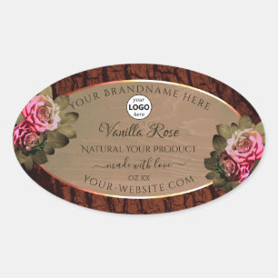 Floral Pink Roses Product Labels Wood Grain Logo