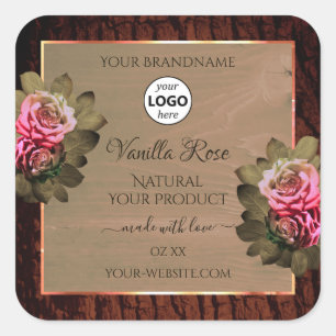 Floral Pink Roses Product Labels Wood Grain Logo