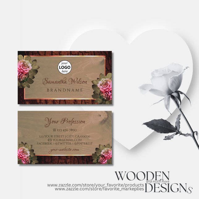Floral Pink Roses Rustic Tree Bark Wood Grain Logo Business Card (Creator Uploaded)